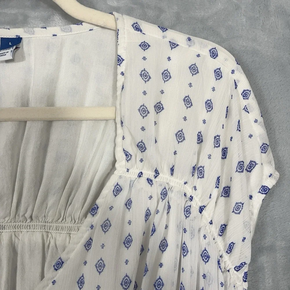 Old Navy Womens Top L White Geometric AOP Chiffon V-Neck Smocked Coquette Lined